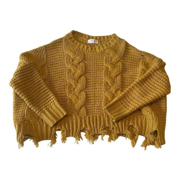 MOD Womens Oversized Cable-Knit Yellow Cropped Knit Sweater Fringe One Size - Picture 3 of 9